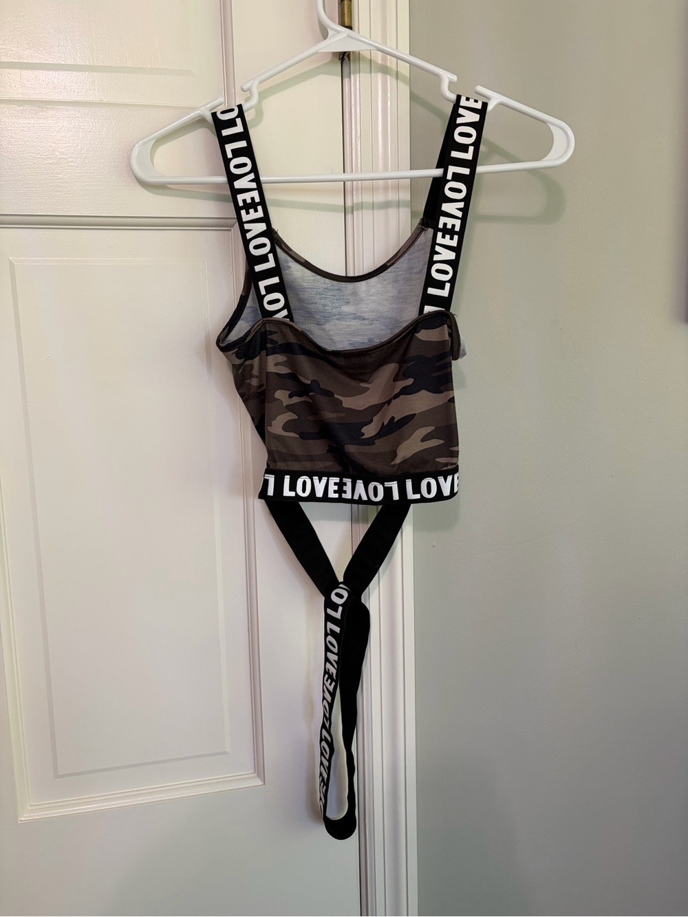 SHEIN Camo Print top with 'LOVE' Elastic Straps - Brown/Black - Picture 3 of 4